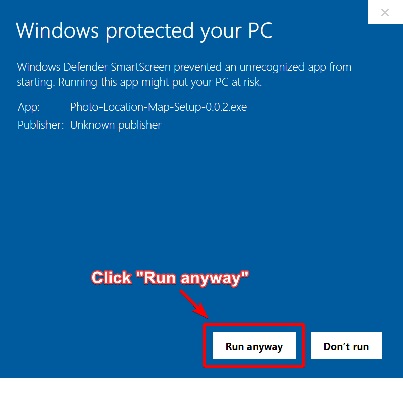Image of Windows Defender SmartScreen (Run anyway)